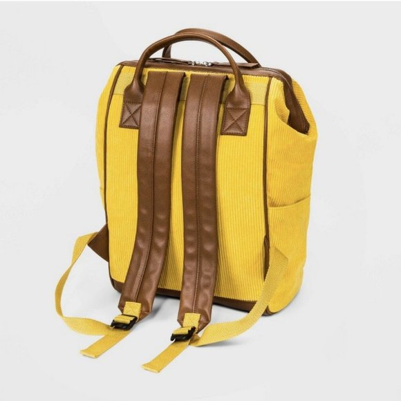 Corduroy Backpack Zip Closure Yellow - Picture 5 of 8